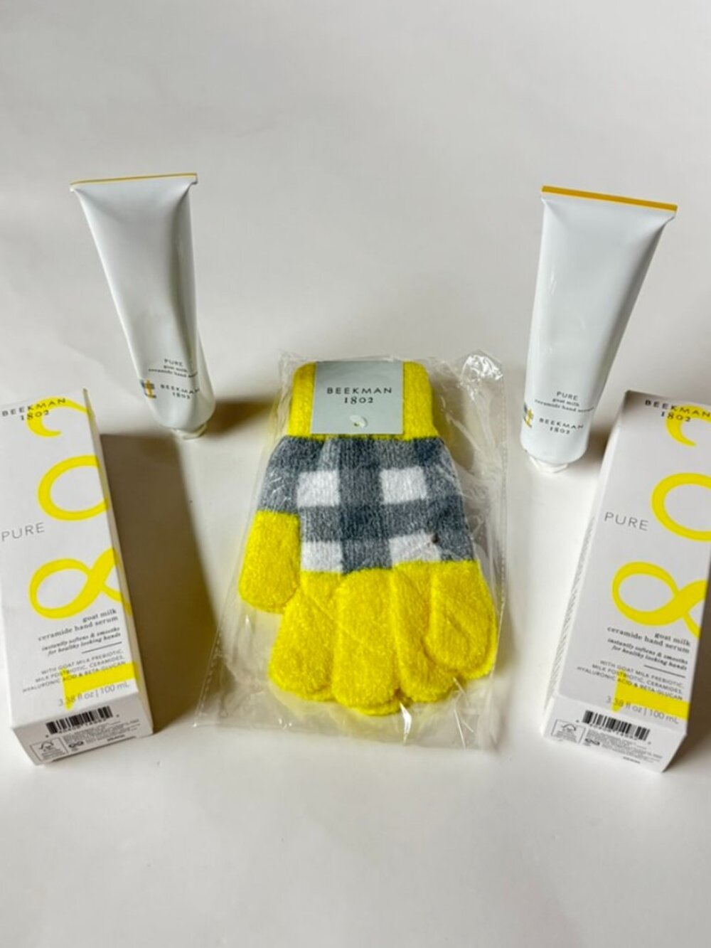 Beekman 1802 Goat Milk Ceramide Hand Serum and Yellow Gloves 3.38 oz